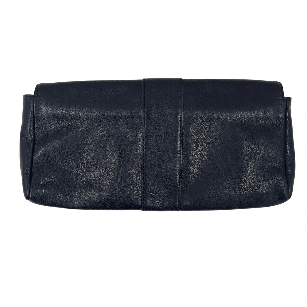 Vintage Black Leather Clutch Silver Buckle Pink Lining Y2K Moto Mod Evening Bag